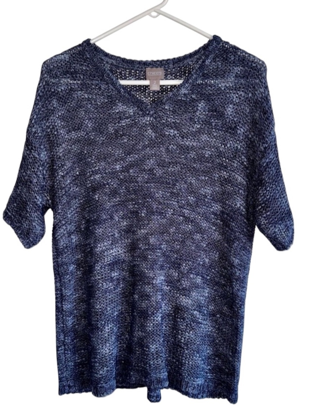 Chico's Navy Textured Open Knit Crew Crew Neck Short Sleeve Costal Boho Casual